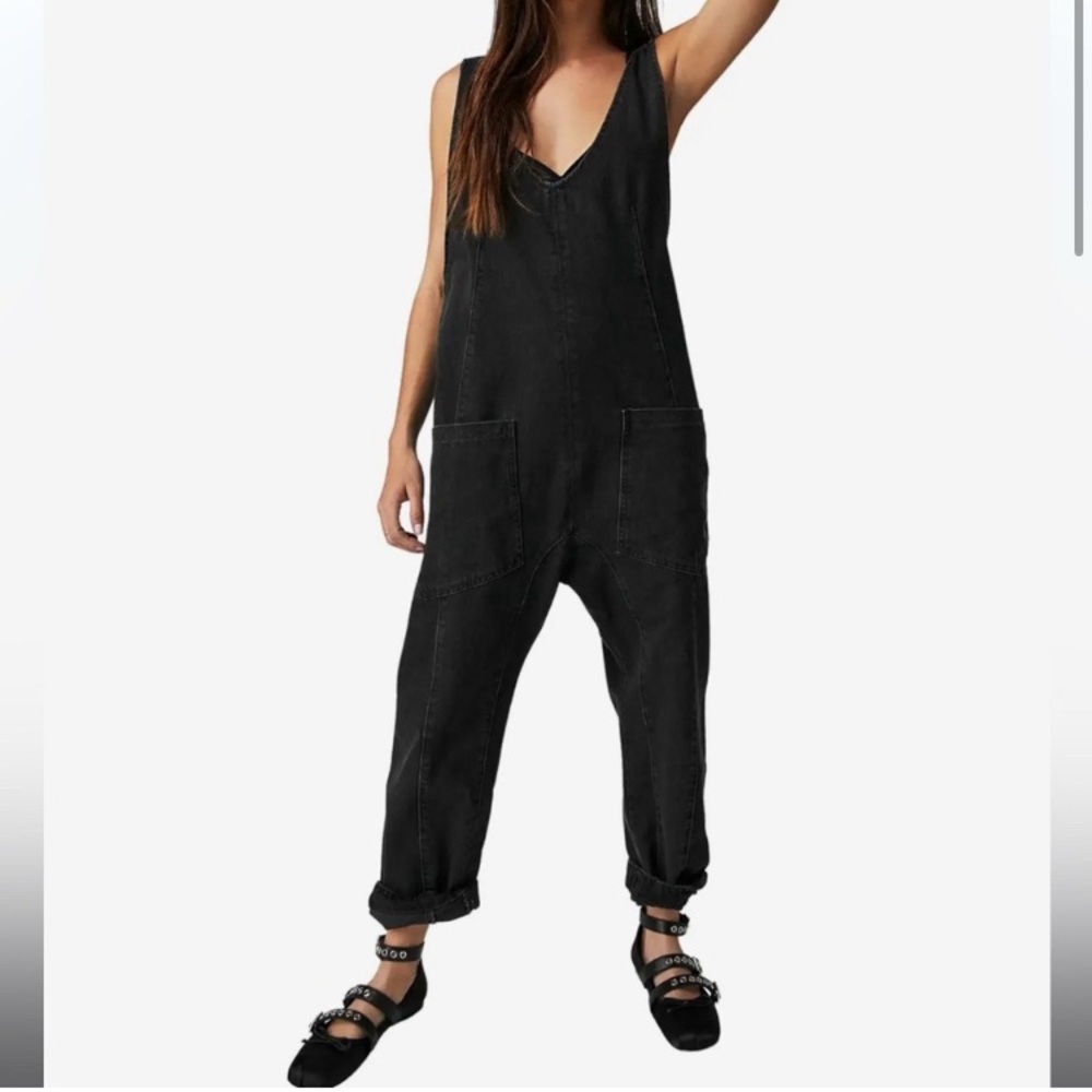 We The Free Black Denim High Roller Jumpsuit
